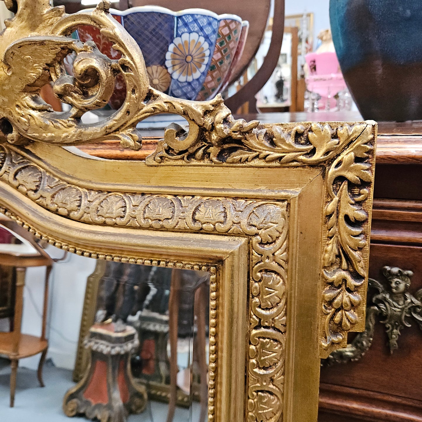 Napoleon III Style French Gilt & Floral Decorated Bevelled Mirror