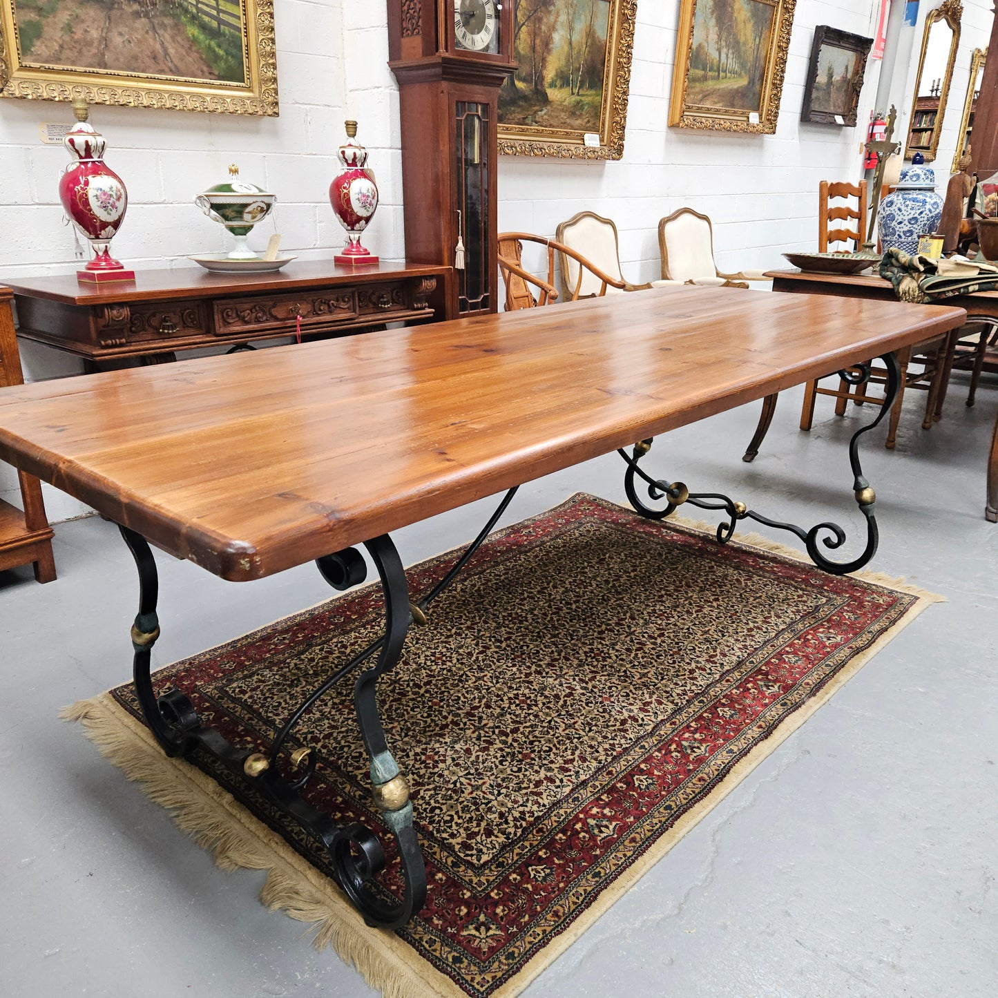 Vintage Fruitwood Spanish Style Refectory Table With Cast Iron Base