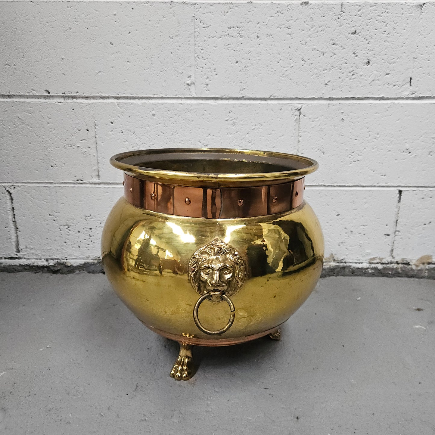 French Brass and Copper Lion Head Jardinière