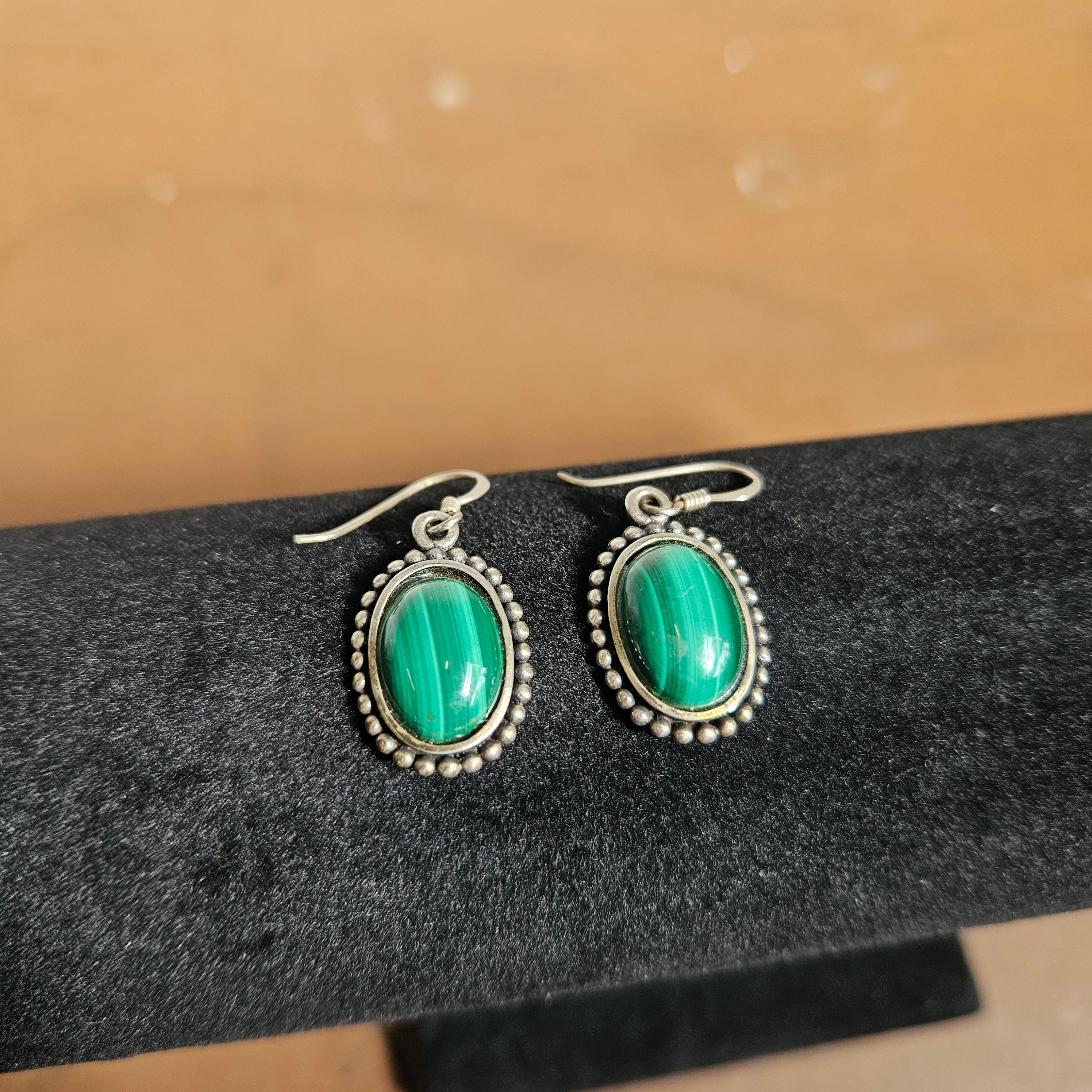 Vintage Oval Malachite & Sterling Silver Drop Earrings