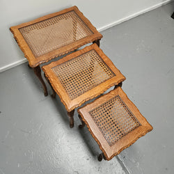 French Oak Three Piece Nest of Tables With Cane Inserts | Antique & Vintage | Moonee Ponds Antiques | Australia Wide Delivery