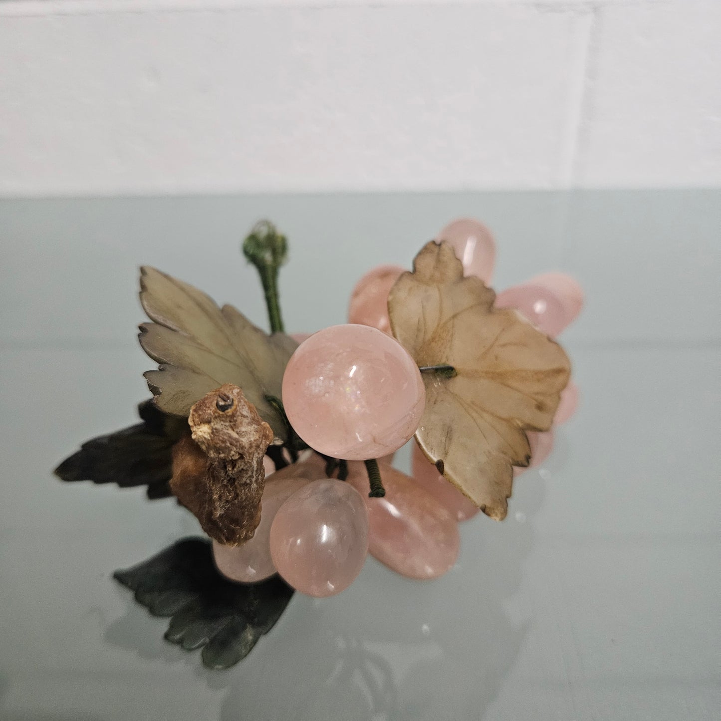 Vintage Cluster Of Pink Quartz& Jade Grapes & Leaves