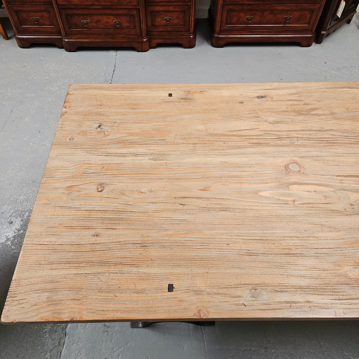 Trestle Dining Table With Reclaimed Pine Top And Antique Wishbone Industrial Iron Legs