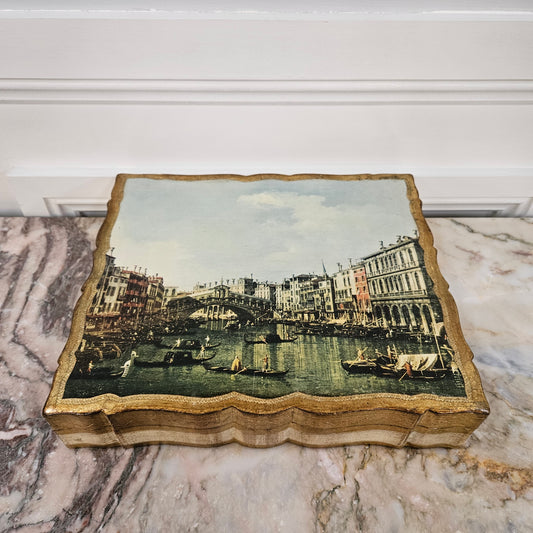Florentine Gilded Wooden Box Displaying A Scene of Venice.
