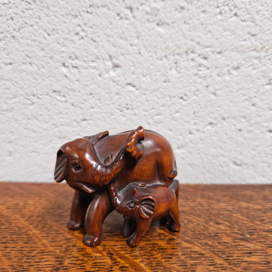 Carved and Signed Wooden Elephant Netsuke