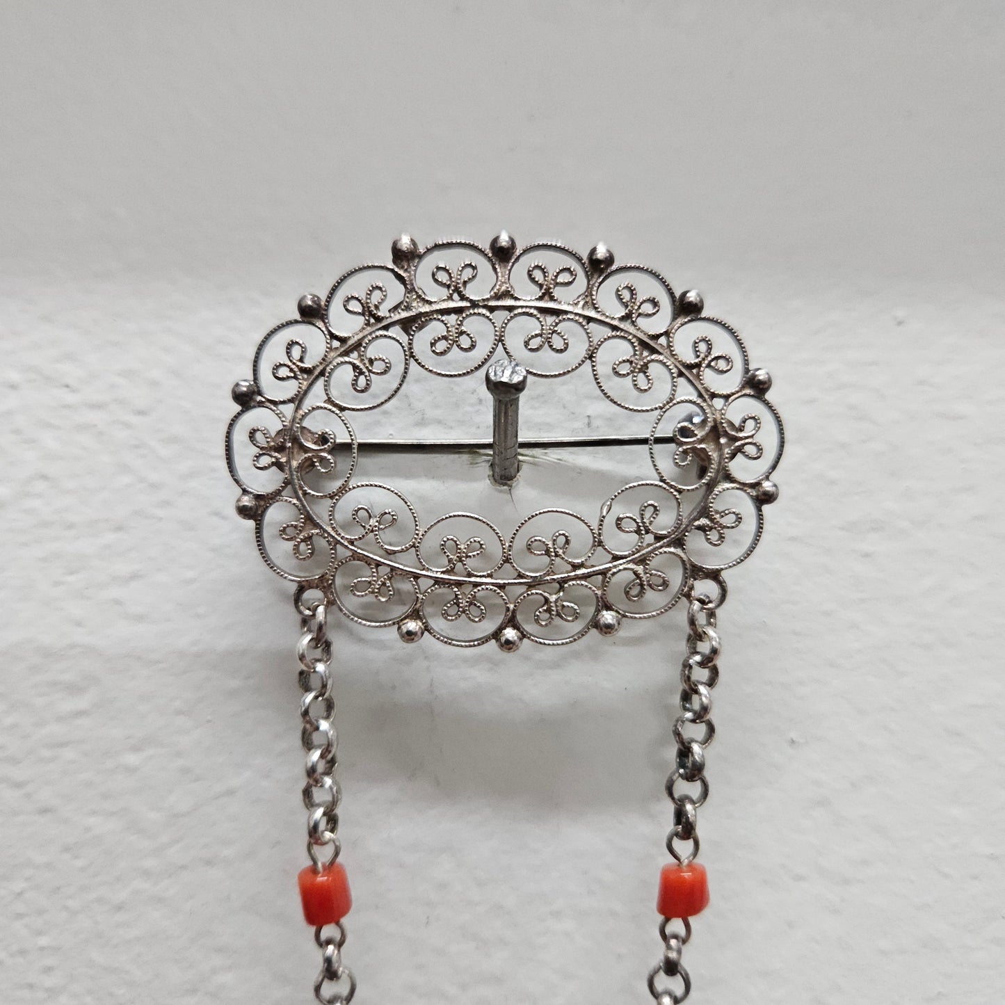 Silver Filigree And Bead Brooch