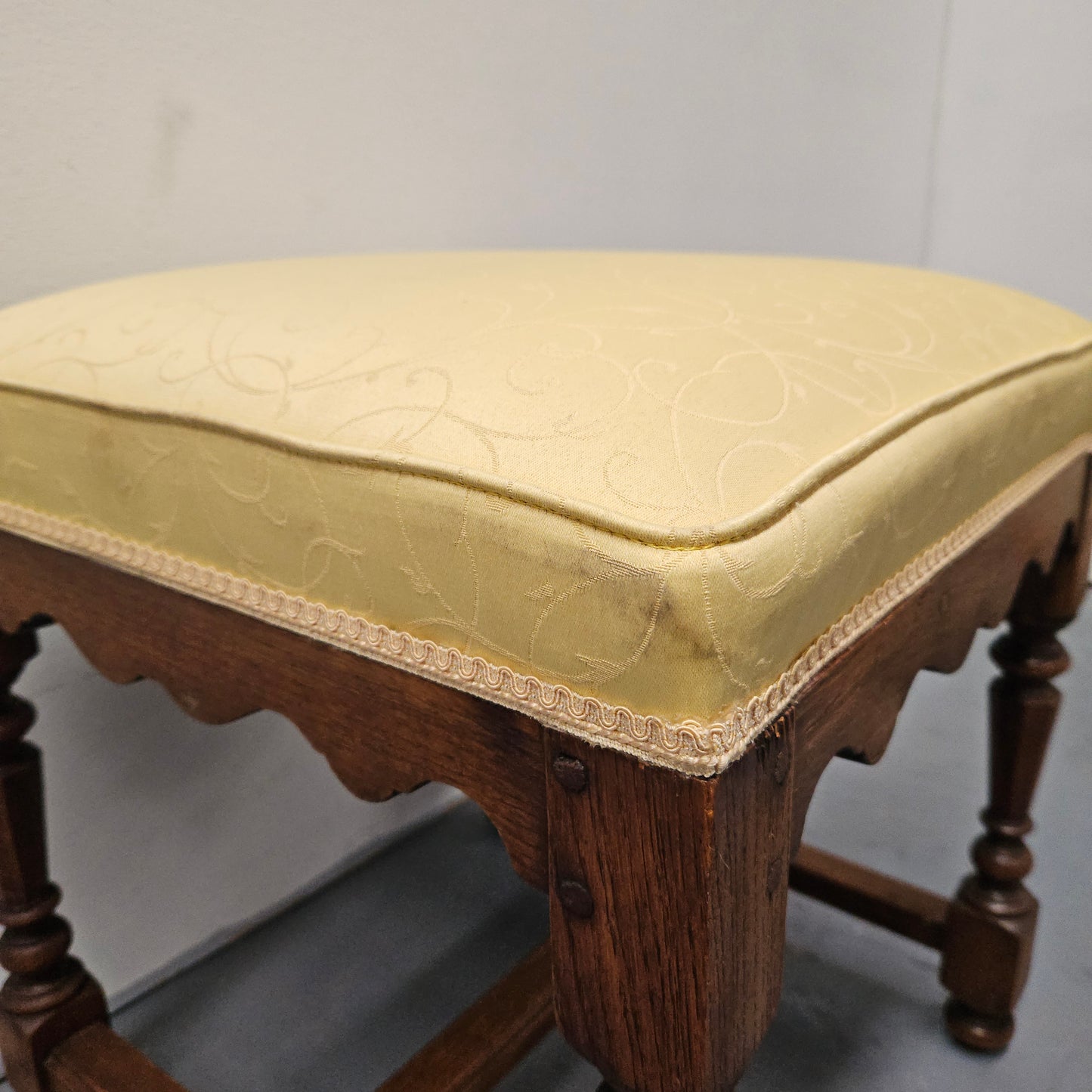 French Oak Footstool With Yellow Upholstery
