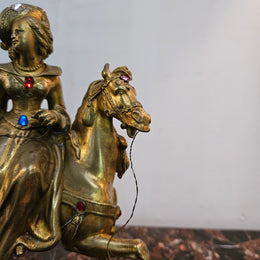 Victorian gilt bronze jeweled lady rider horse on a naturalistic wooden base. Circa 1890 and has a Hidden Compartment.