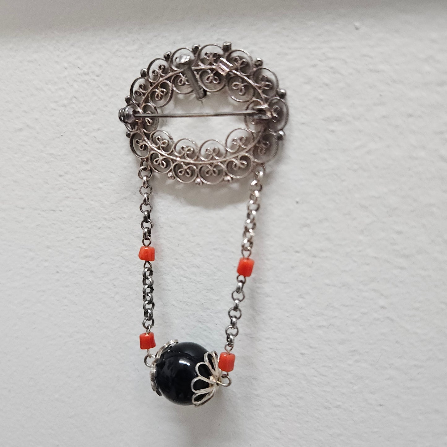 Silver Filigree And Bead Brooch