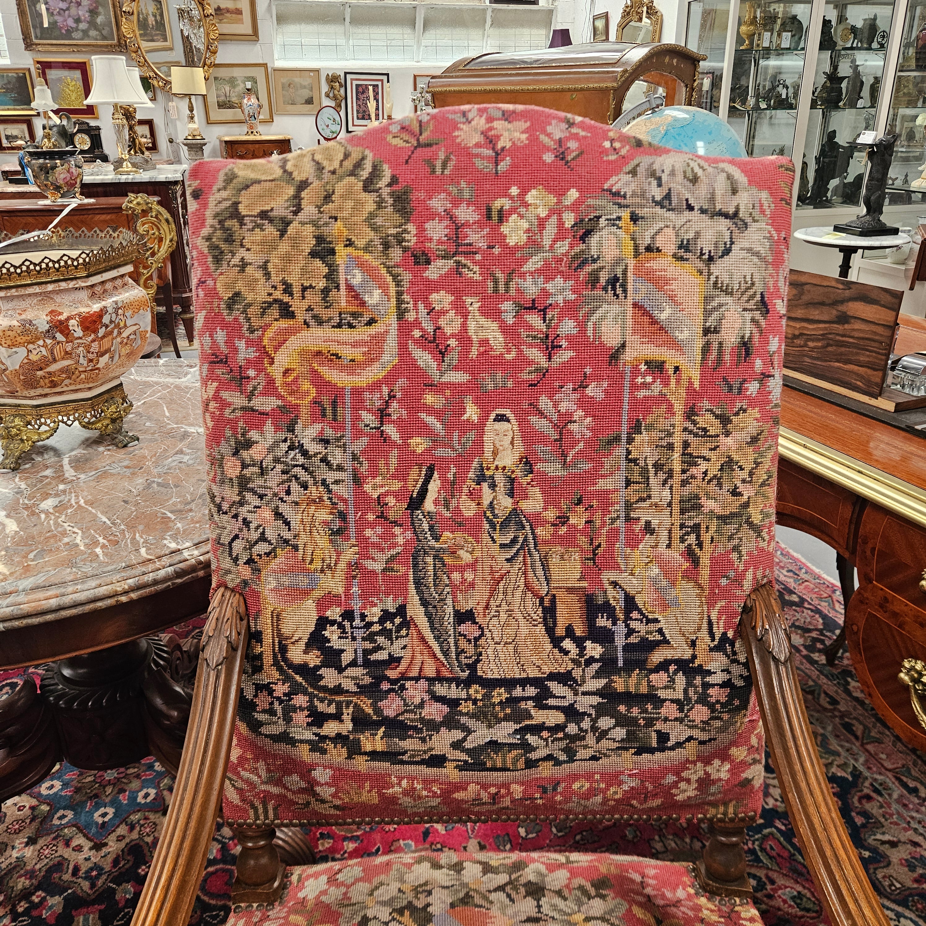 French 19th Century Walnut & Tapestry Fireside / Throne Chair