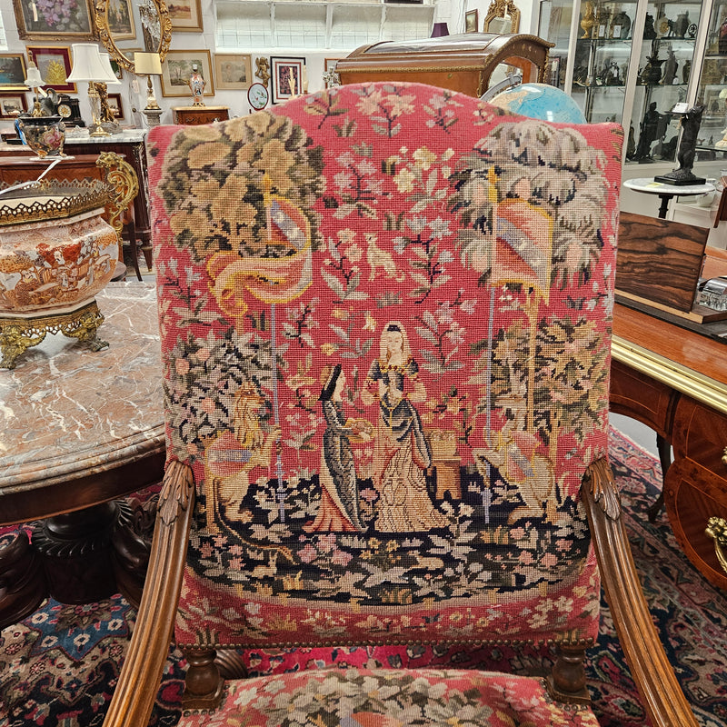 French 19th Century Walnut & Tapestry Fireside / Throne Chair