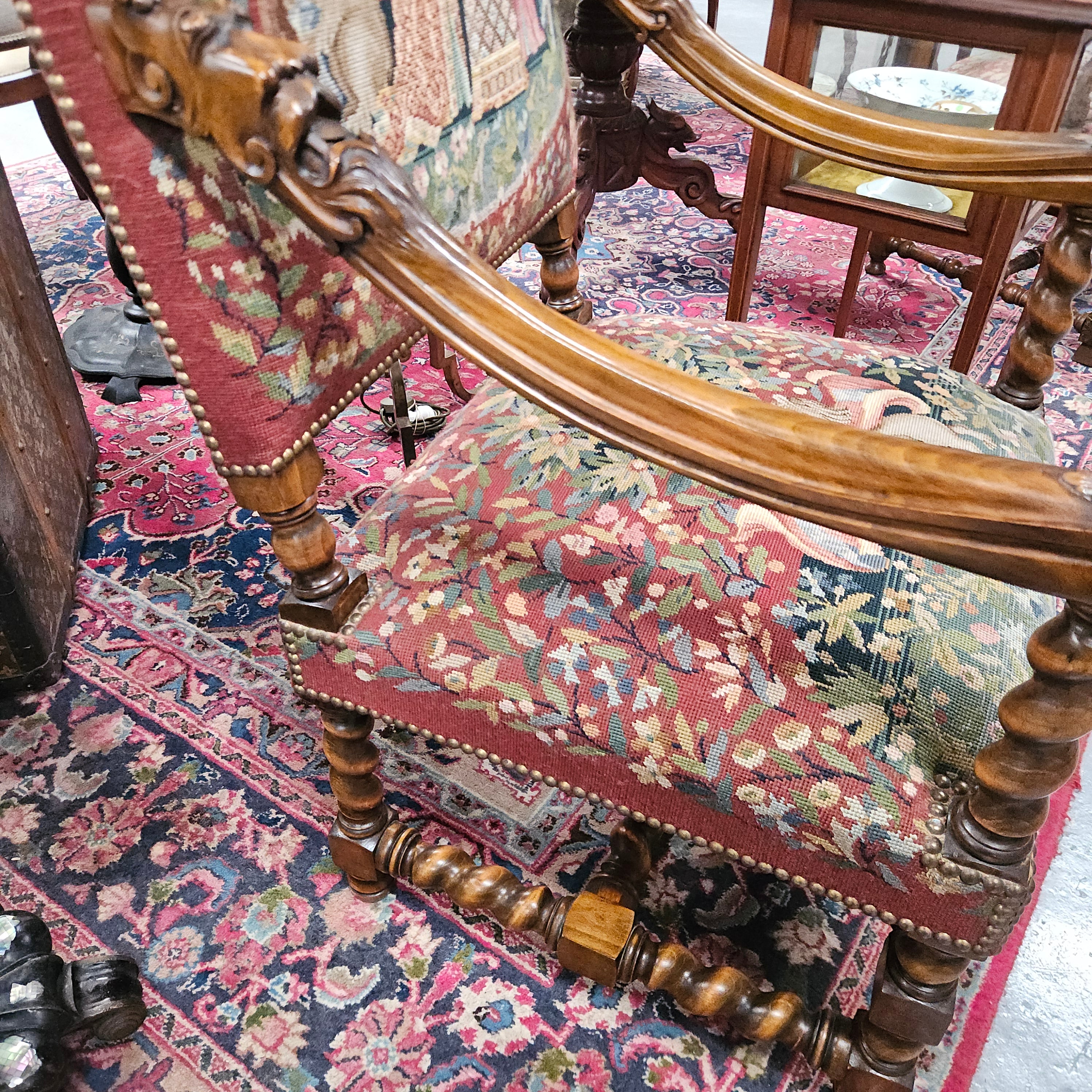 19th Century French Carved Walnut & Tapestry Fireside/Throne Chair | Antique & Vintage | Moonee Ponds Antiques | Australia Wide Delivery