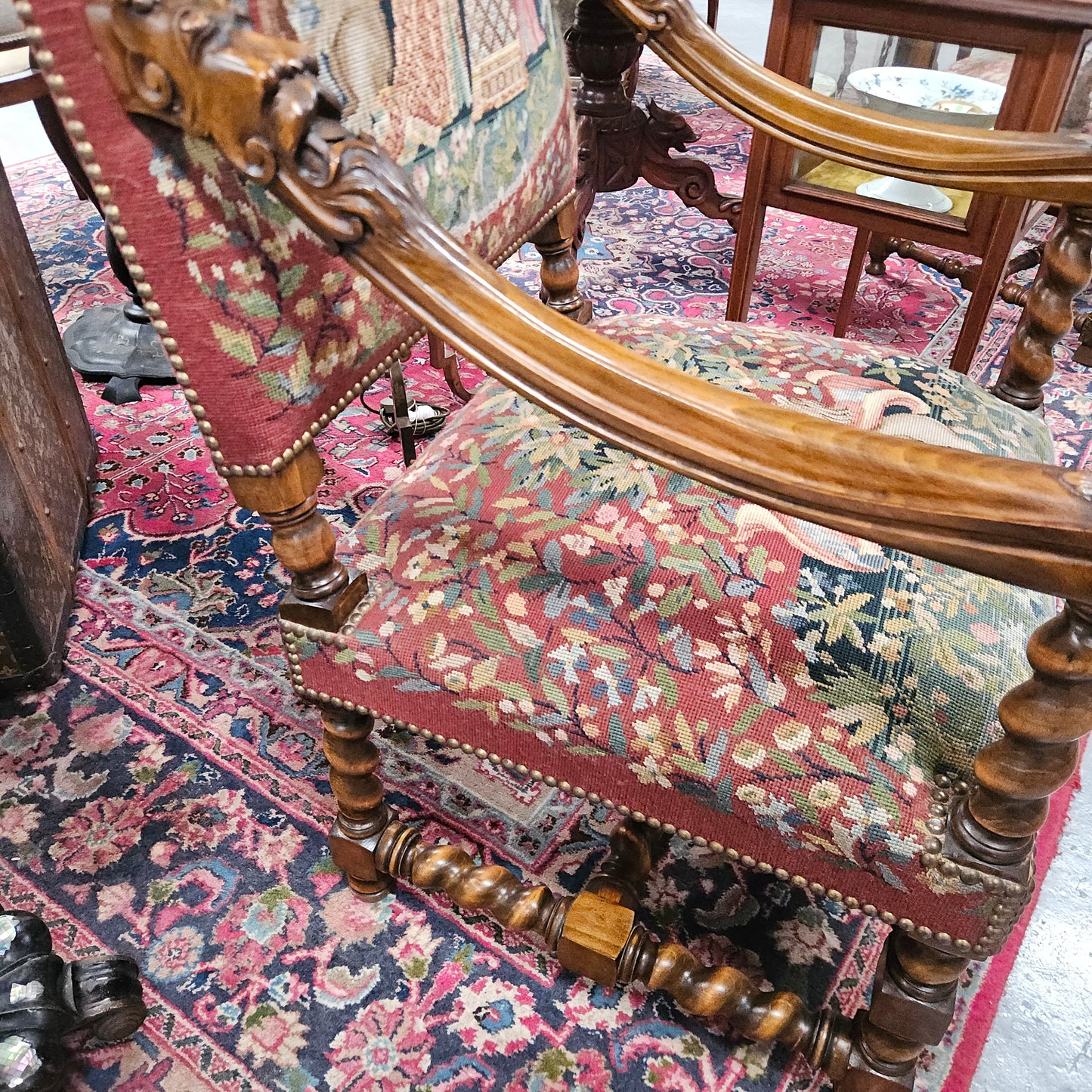 19th Century French Carved Walnut & Tapestry Fireside/Throne Chair