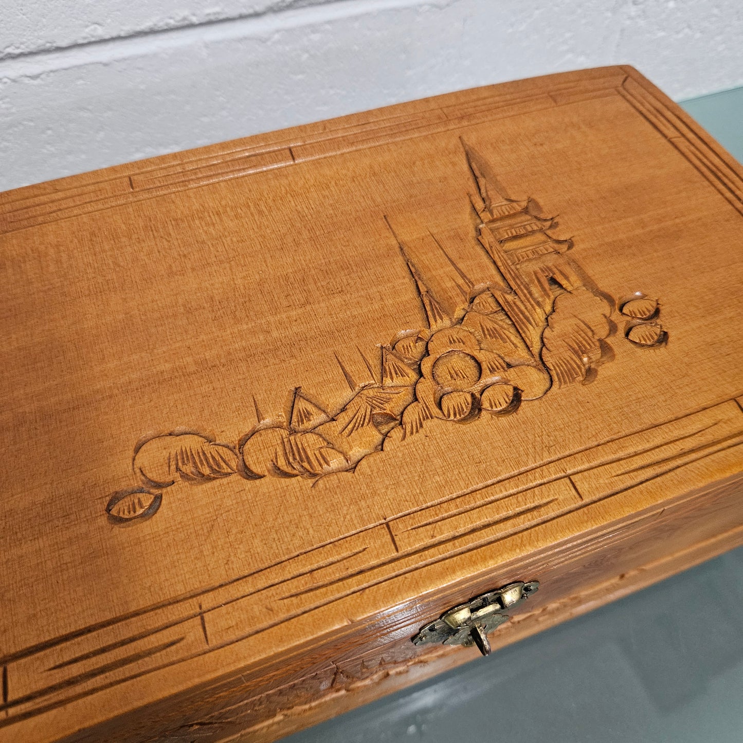 Vintage Chinese Maple Jewellery Box With Hand Carvings