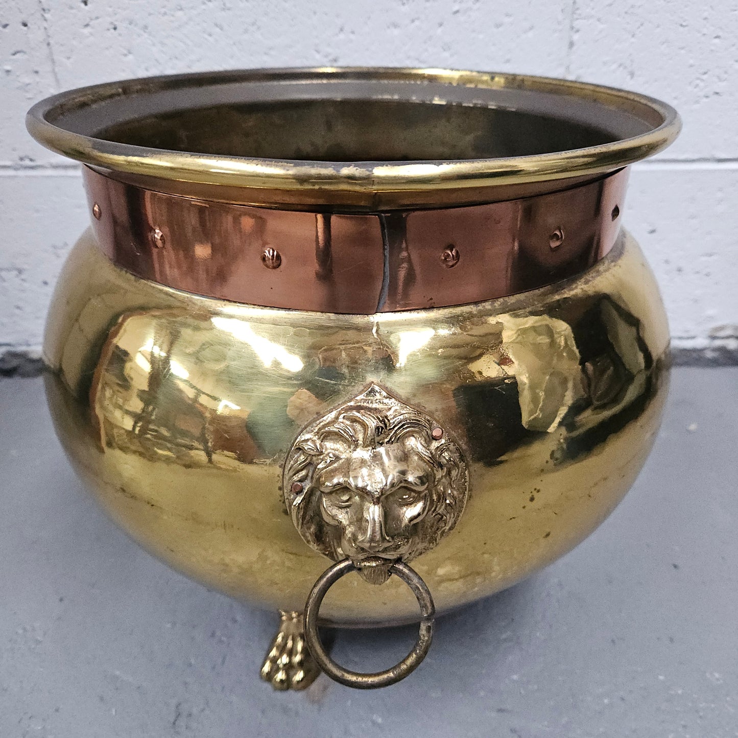 French Brass and Copper Lion Head Jardinière