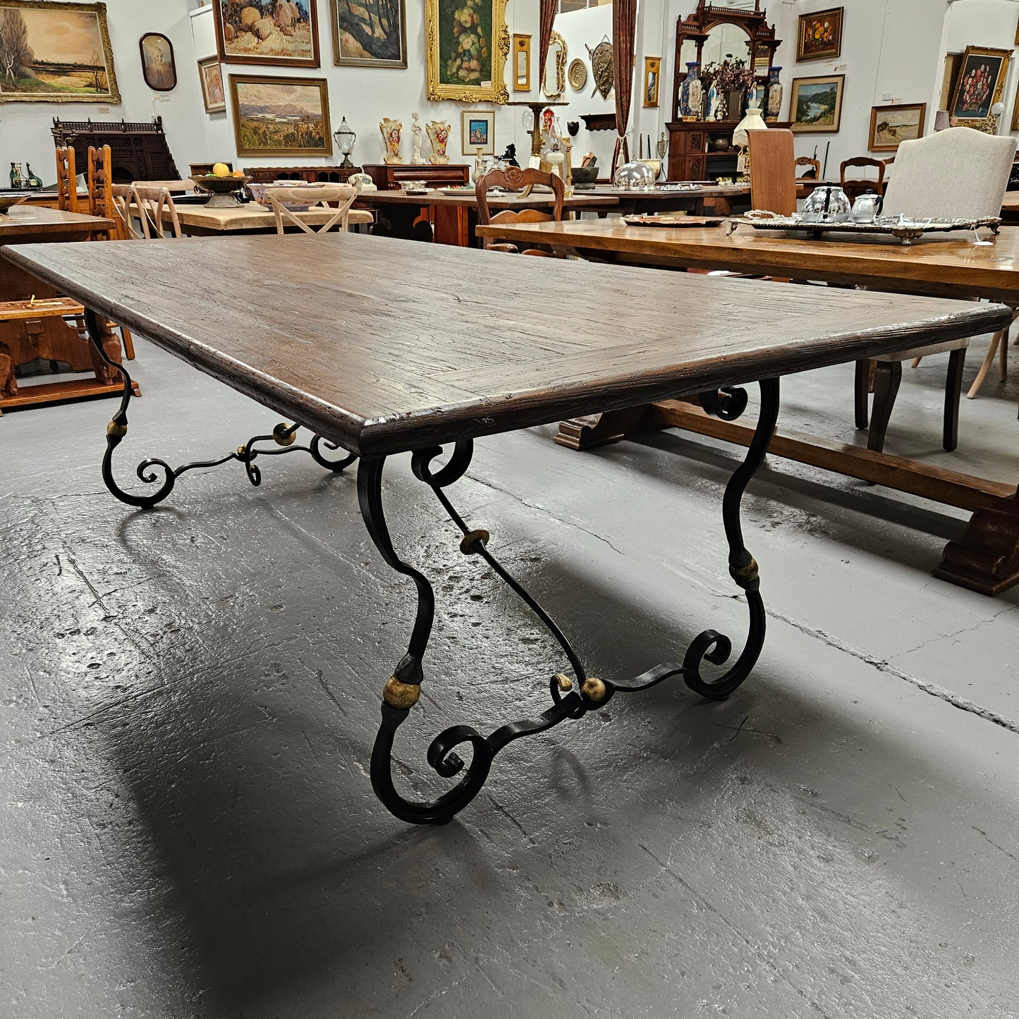 Vintage Elm Wood Spanish Style Refectory Table Wrought Iron Base