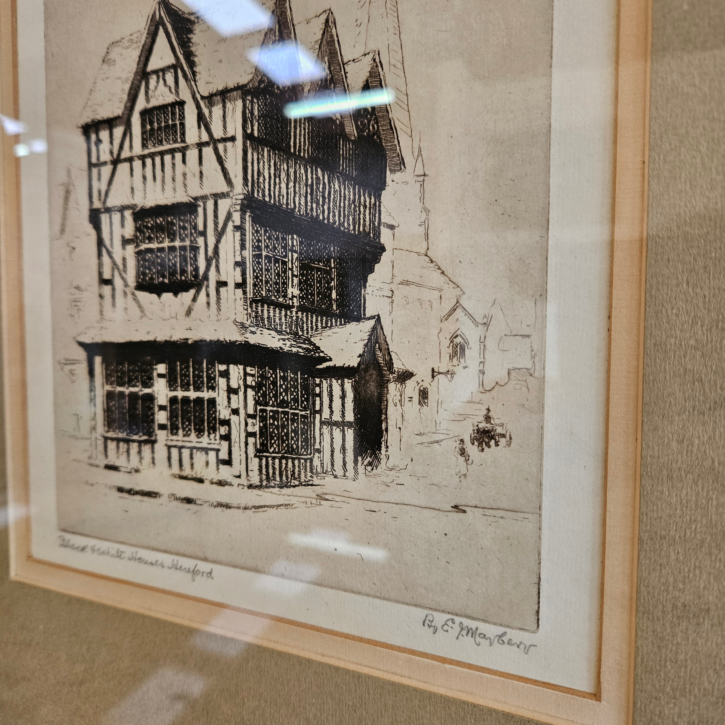 Framed Etching "Black and White Houses Hereford" by E Mayberry | Antique & Vintage | Moonee Ponds Antiques | Australia Wide Delivery