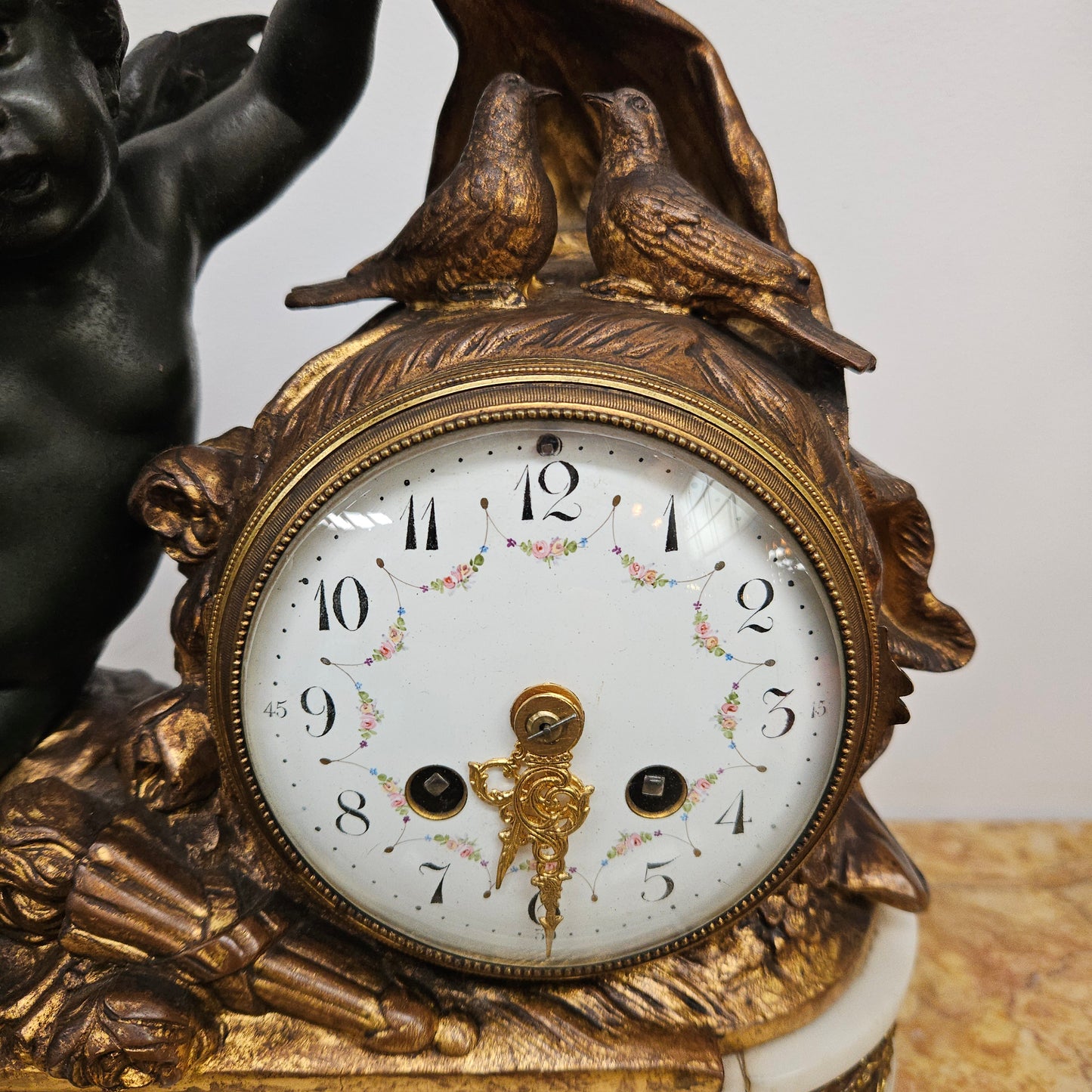 French Cherub Gilt & Marble Mantle Clock