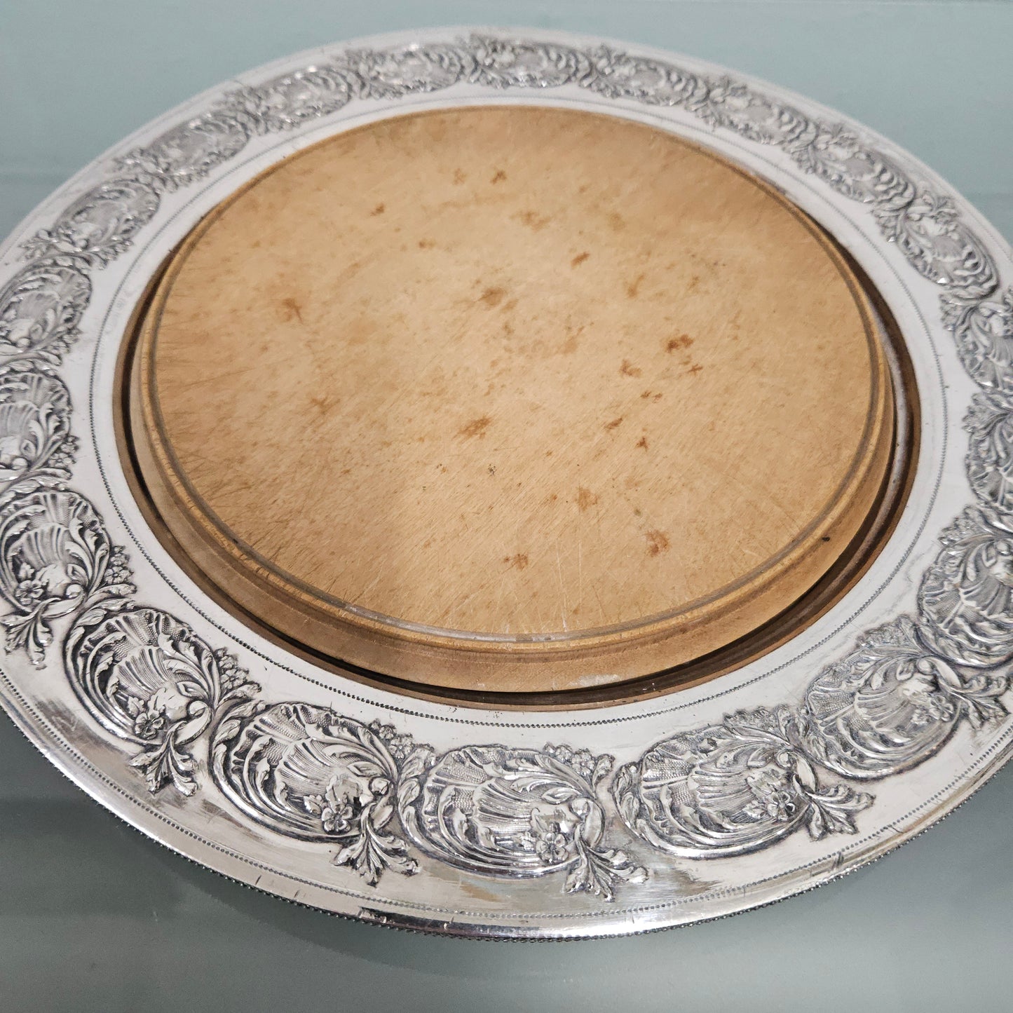 Edwardian Silver and Wooden Bread Cutting Board