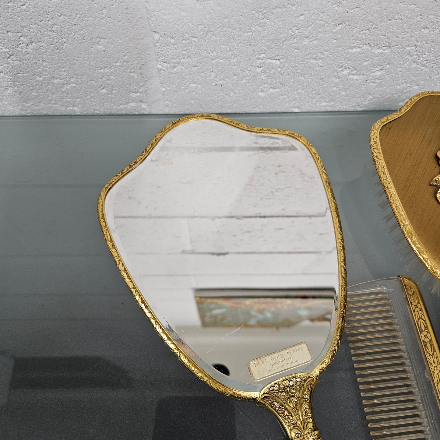 Gilt Brass Brush Mirror & Comb Set