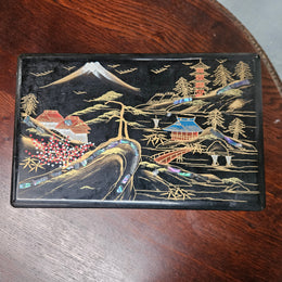 Vintage Japanese Lacquer , Abalone Shell & Gilt Painted  Musical Jewellery Box