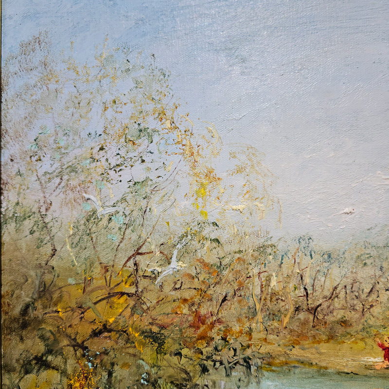 Vibrant David Boyd oil on canvas "Children playing by the River with Birds". In good original detailed condition. Height- 40 cm-Width- 45 cm-
