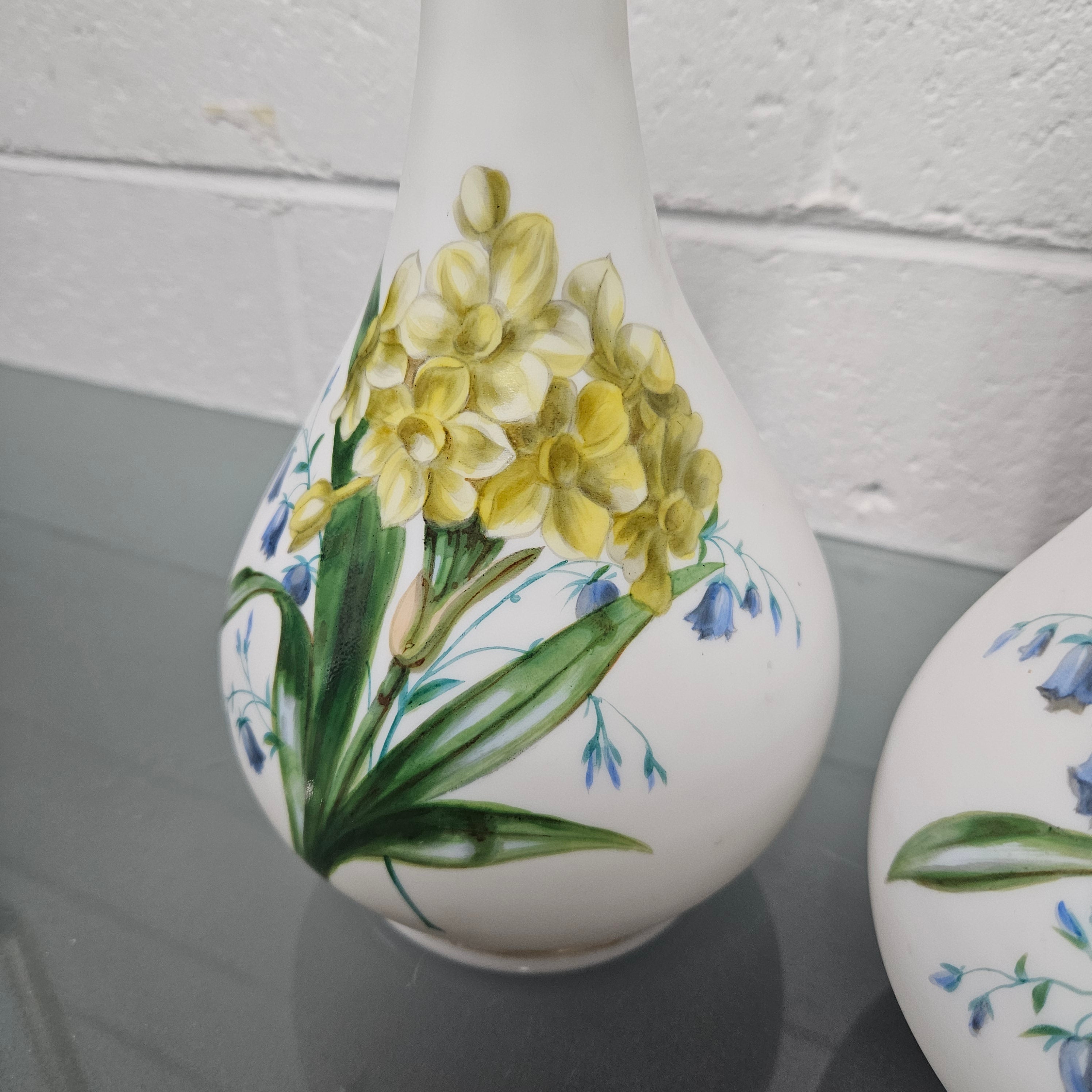 Pair Of Hand Painted Antique Milk Glass Vases Featuring Daffodils | Antique & Vintage | Moonee Ponds Antiques | Australia Wide Delivery