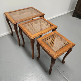 French Oak Three Piece Nest of Tables With Cane Inserts