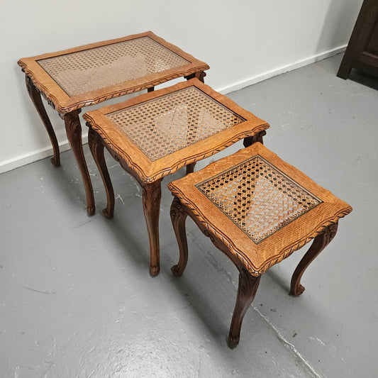 French Oak Three Piece Nest of Tables With Cane Inserts
