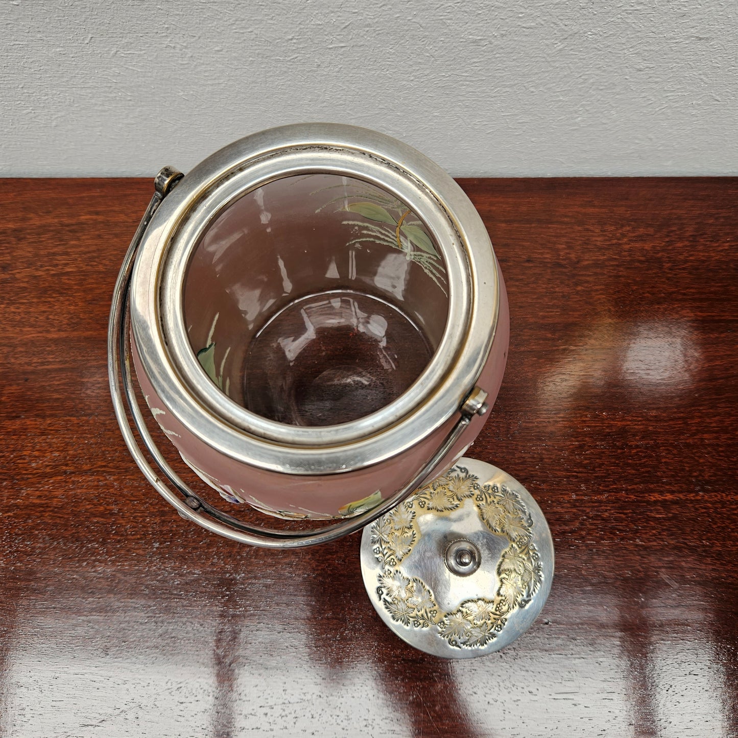 Edwardian Glass Enamel Decorated Biscuit Barrel