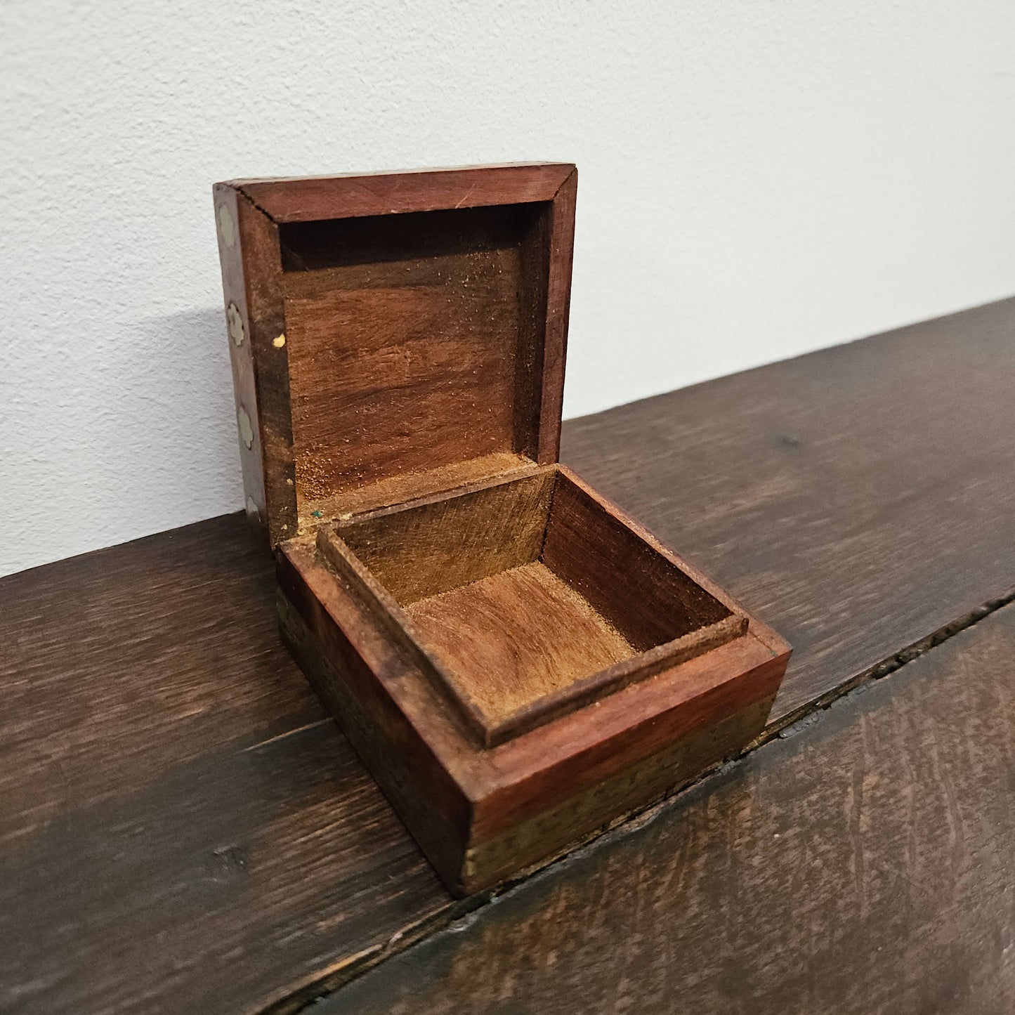 Vintage Brass Inlaid Wooden Hinged Trinket Box