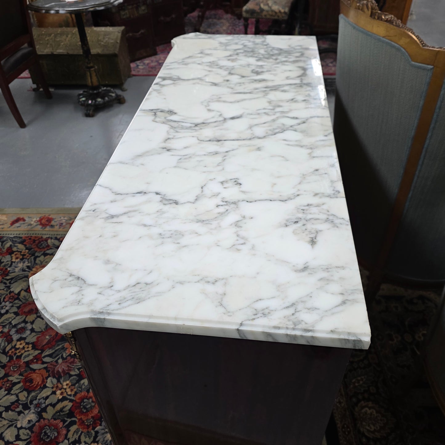 French Louis XVI Style Flame Mahogany Marble Top Commode