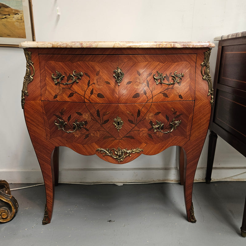 Louis 15th Style Medium Size Marquetry Inlay Marble Top Commode.