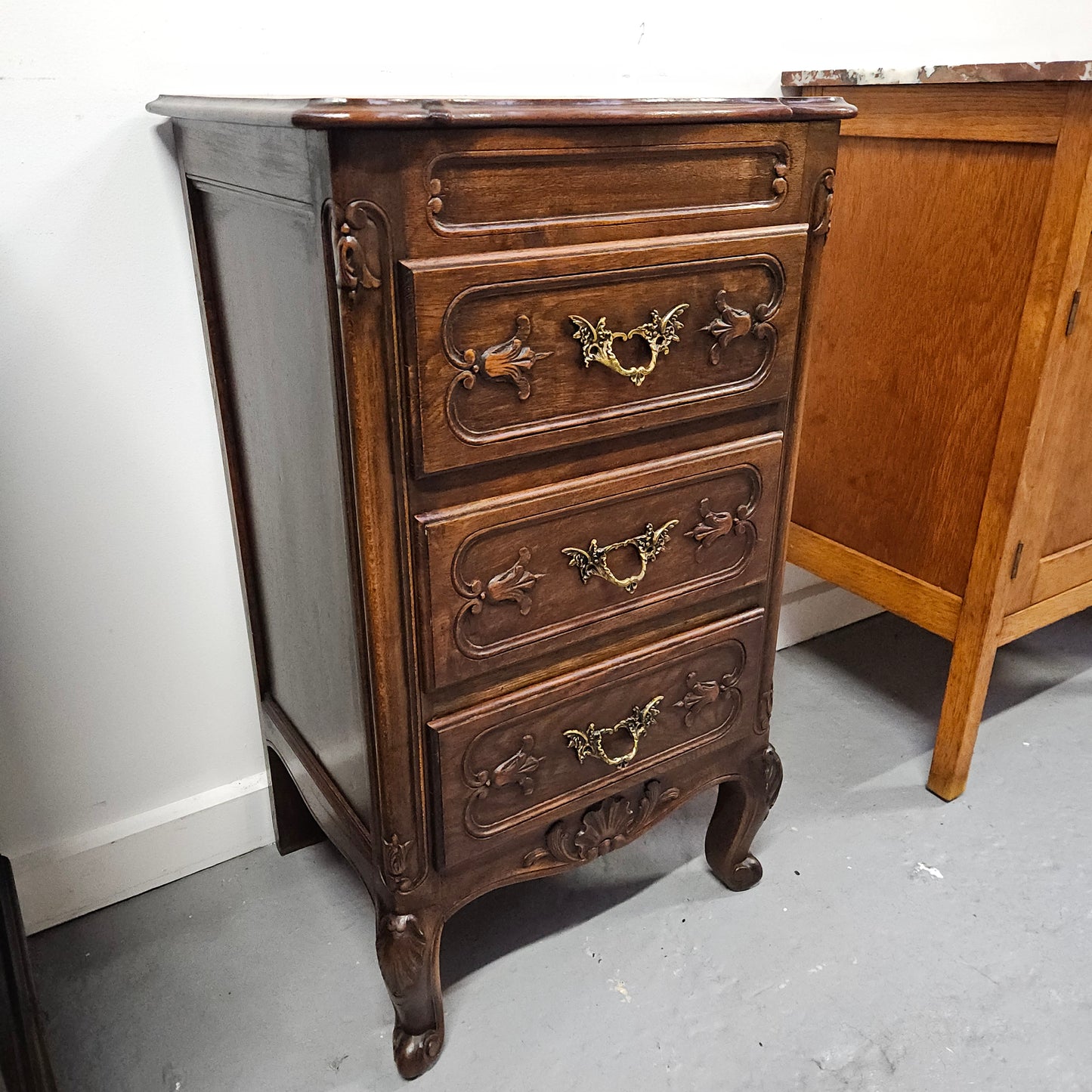 Louis XV Style Oak Three Drawer Side Cabinet