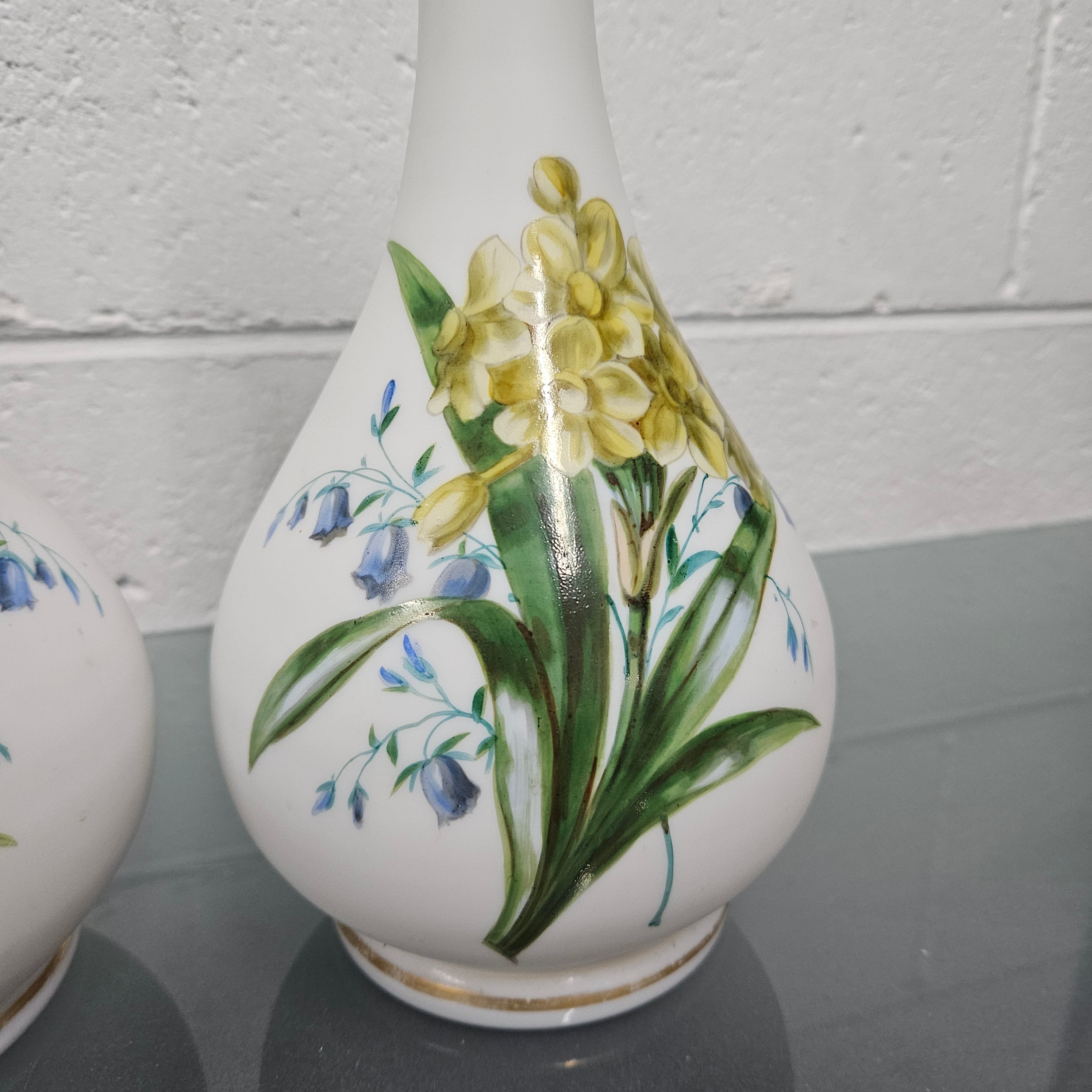 Pair Of Hand Painted Antique Milk Glass Vases Featuring Daffodils | Antique & Vintage | Moonee Ponds Antiques | Australia Wide Delivery
