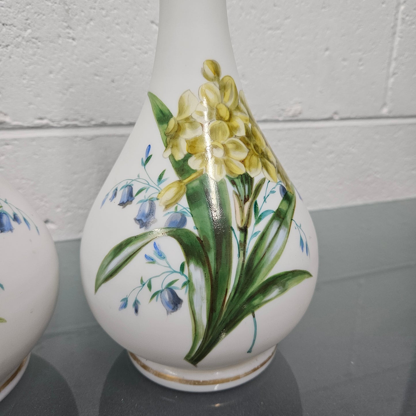 Pair Of Hand Painted Antique Milk Glass Vases Featuring Daffodils