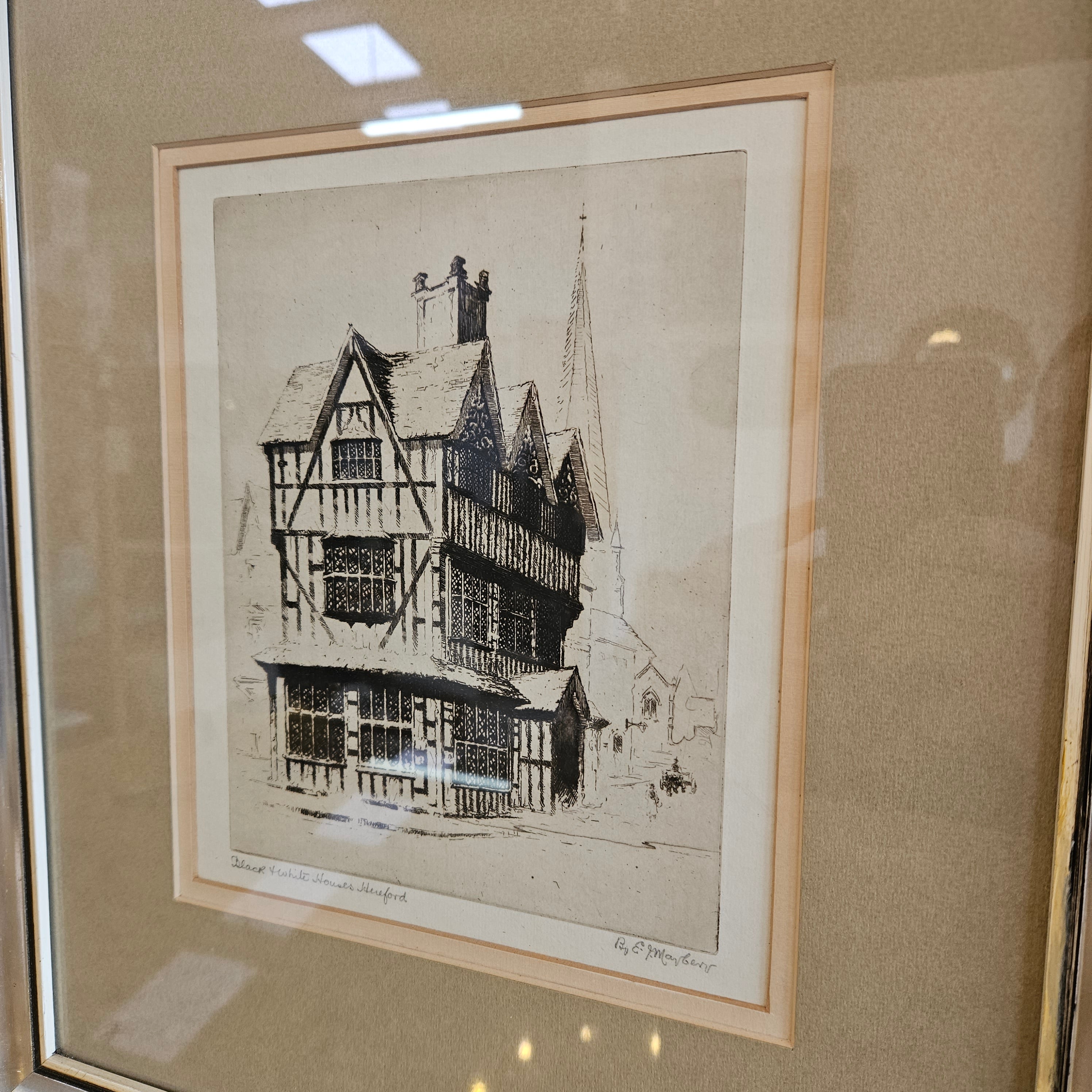 Framed Etching "Black and White Houses Hereford" by E Mayberry | Antique & Vintage | Moonee Ponds Antiques | Australia Wide Delivery