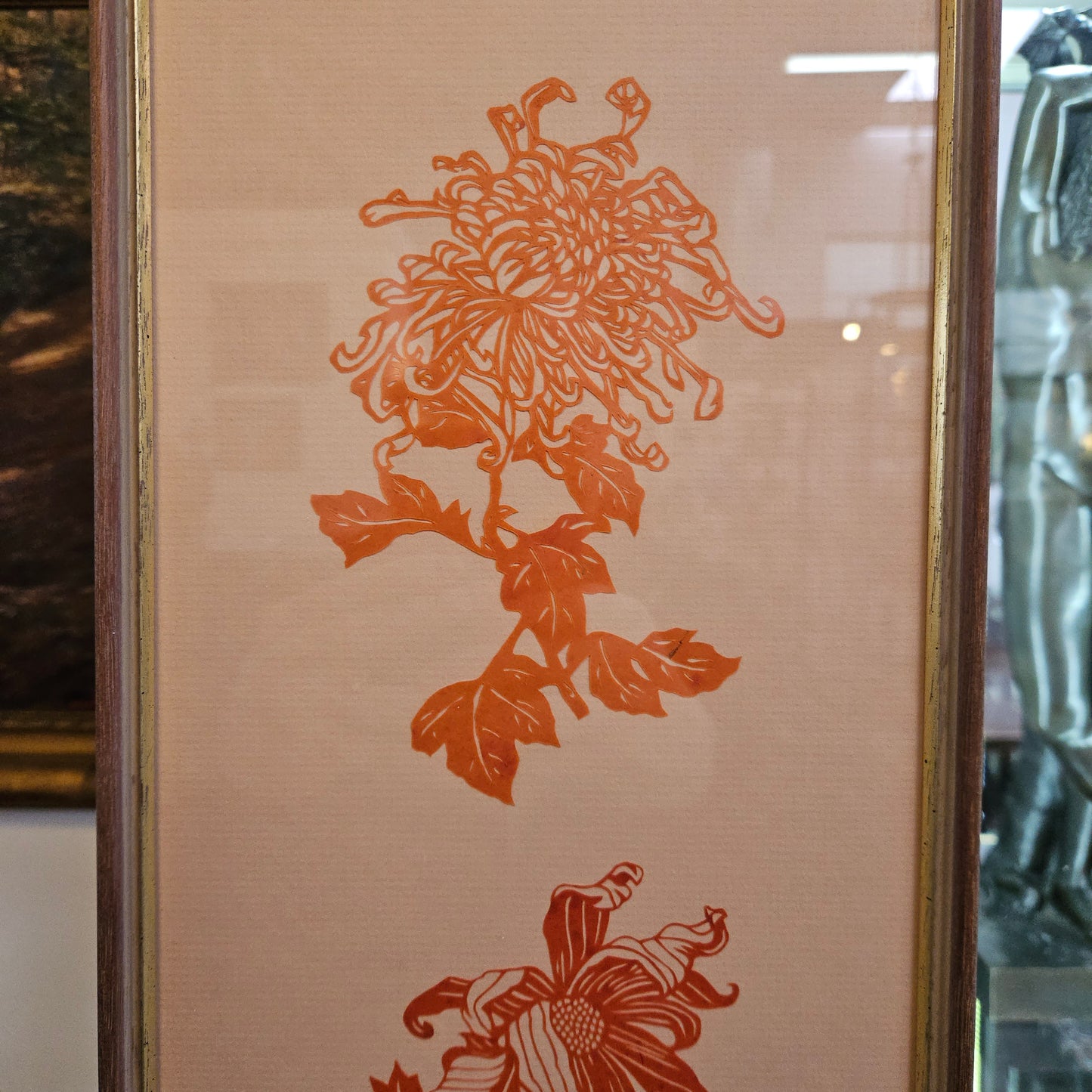 Oriental Finely Cut Paper Chrysanthemums Framed Decoration