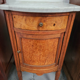 French Figured Burr Walnut & Oak Marble Top Bedside Cabinet