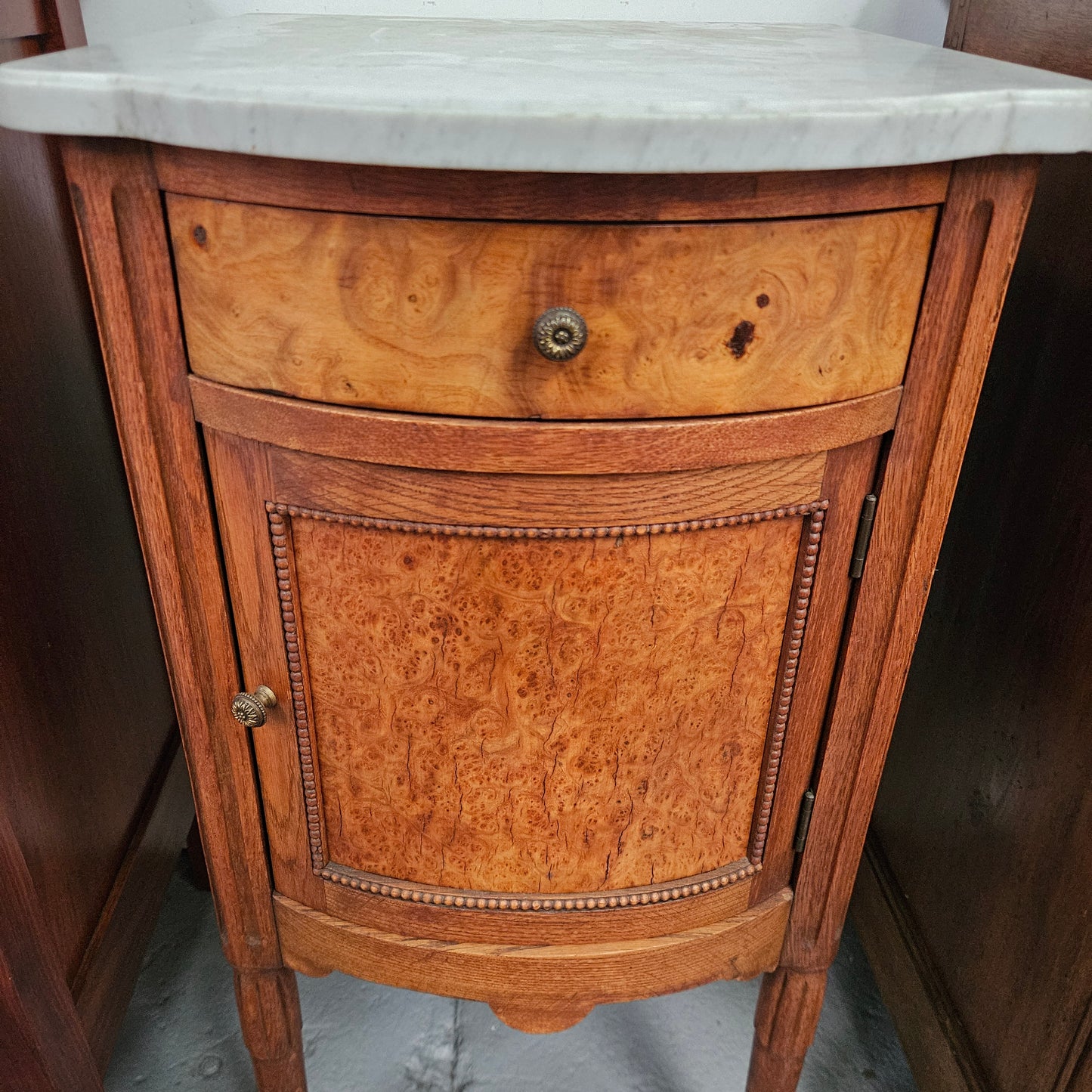 French Figured Burr Walnut & Oak Marble Top Bedside Cabinet