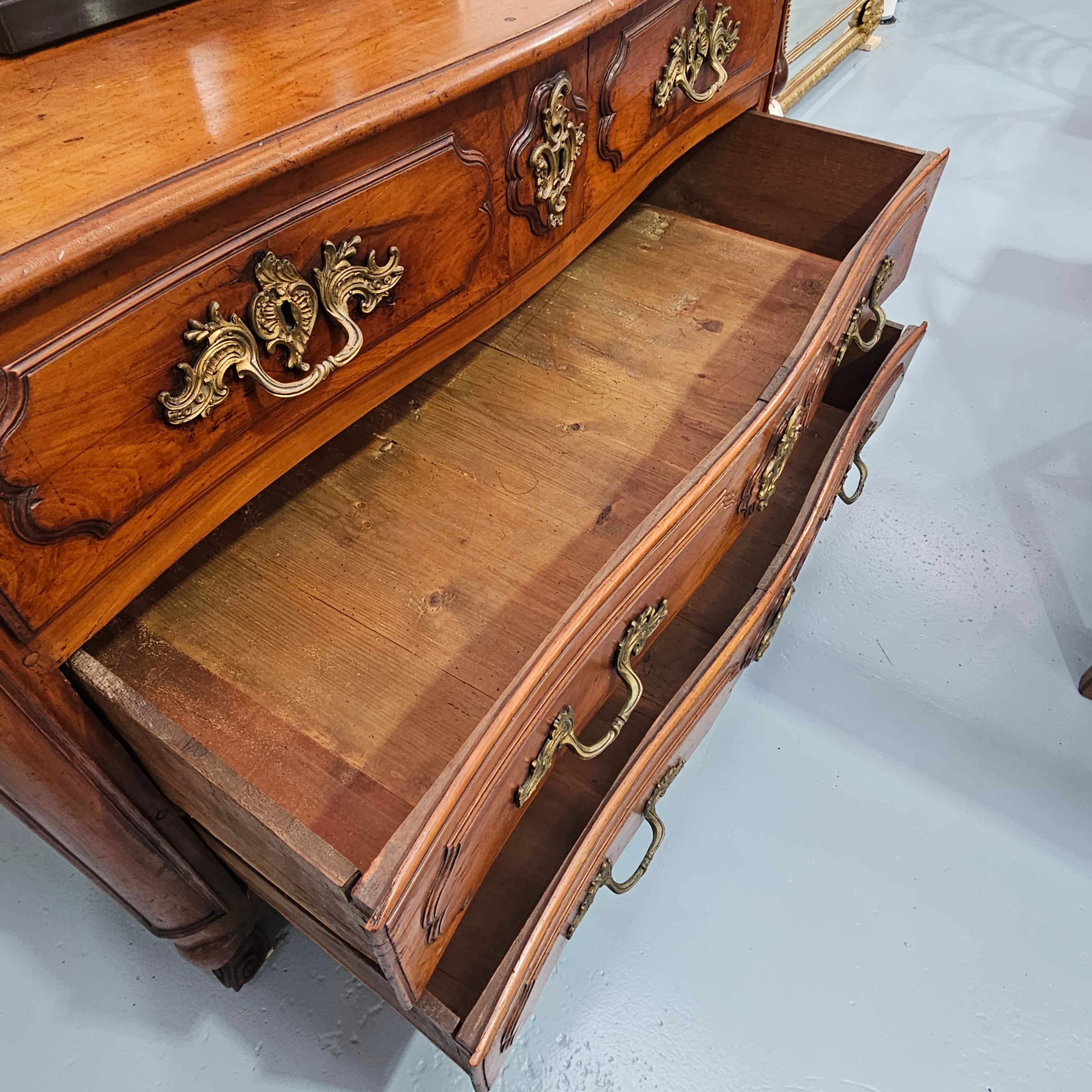 Fruitwood commode — drawer interior from above