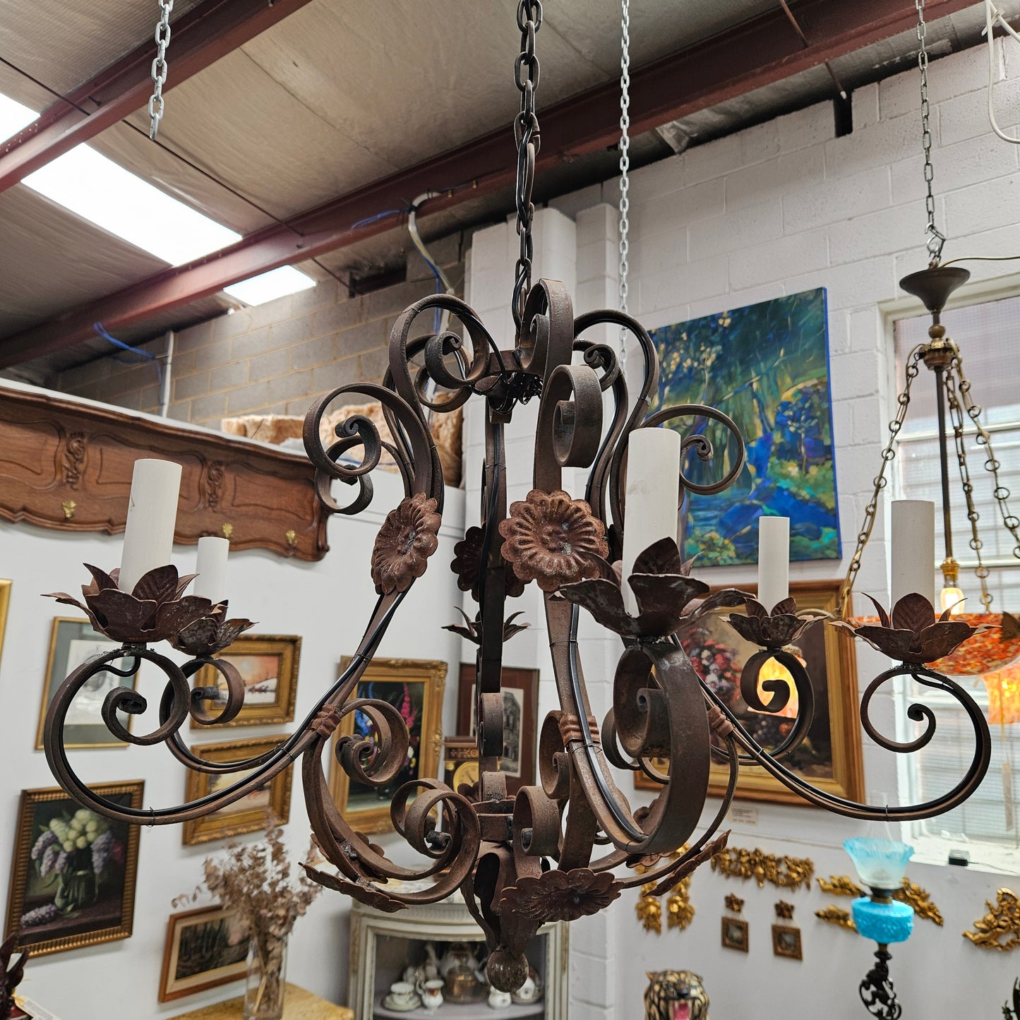 Rustic French Cast Iron Six Arm Chandelier