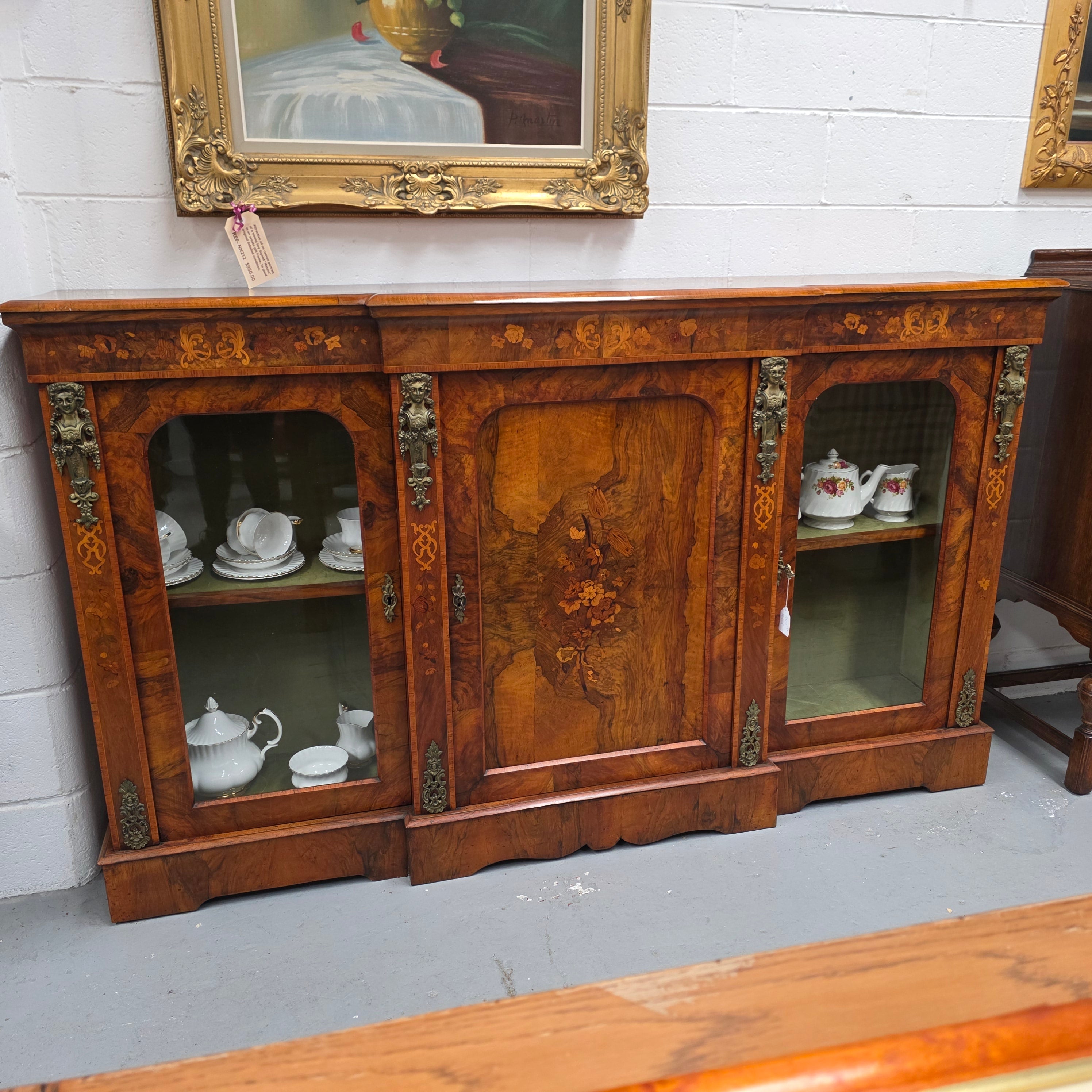 Outstanding Burr Walnut & Marquetry Antique Bookcase Credenza