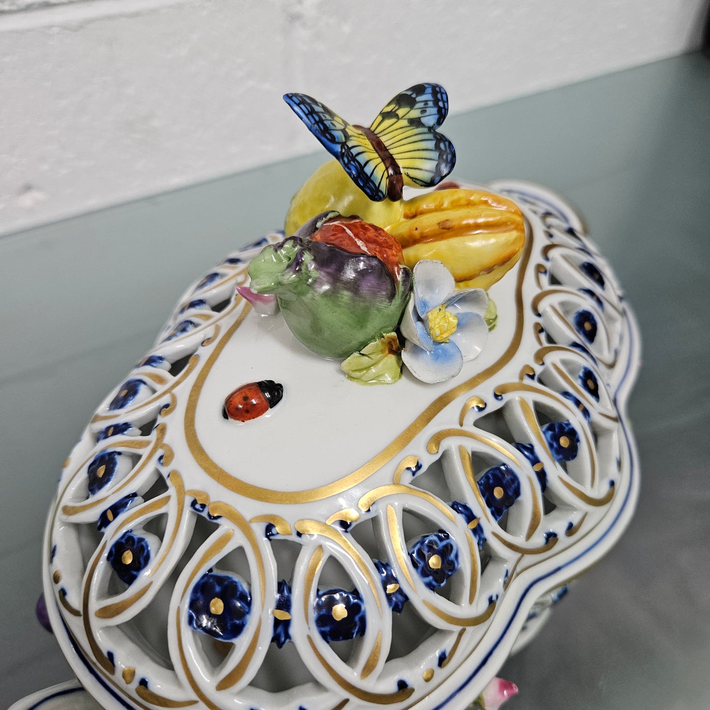 Vintage Servre Style Potpourri Holder With Fruit & Insects