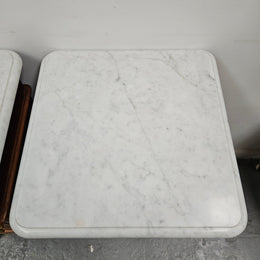 Pair of French Walnut Louis XV Style white marble top bedside cabinets. Featuring beautiful parquetry work and decorative carvings throughout. Sourced directly from France and in good original detailed condition.