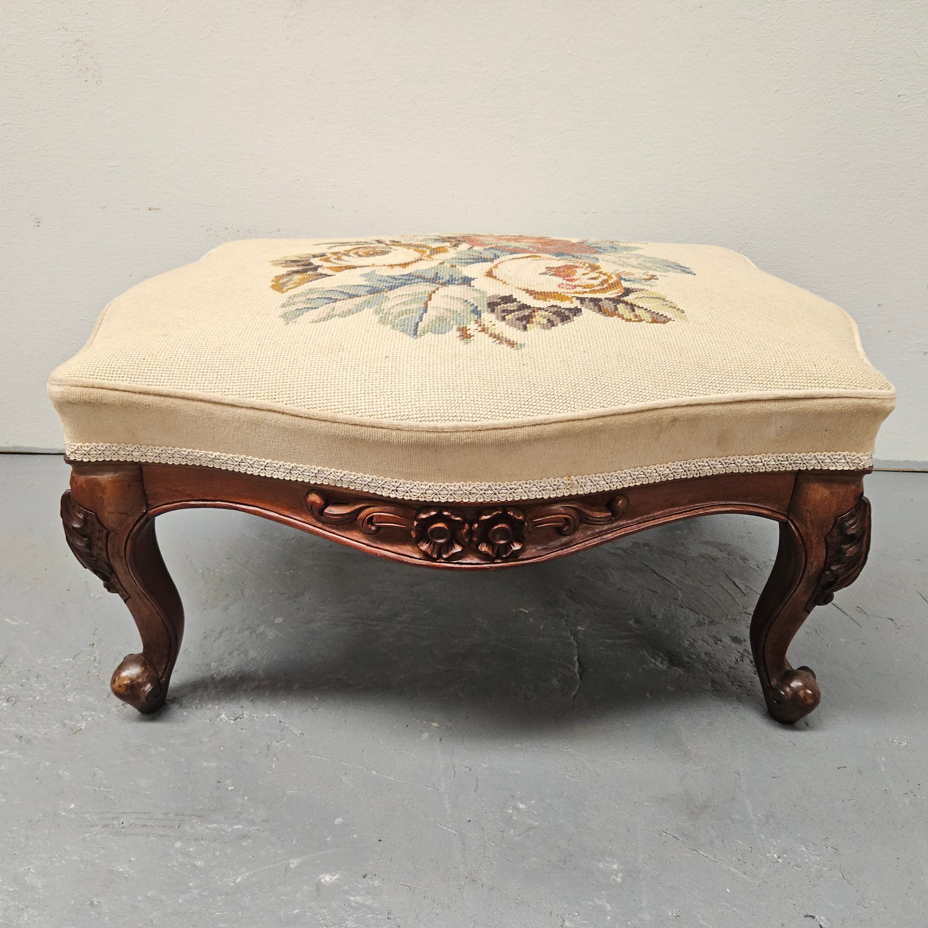 French Mahogany Louis XV Style Footstool With Floral Tapestry