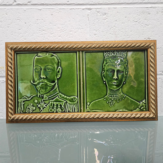 Pair Rare Edwardian Framed Tiles King Georg V & Queen Mary