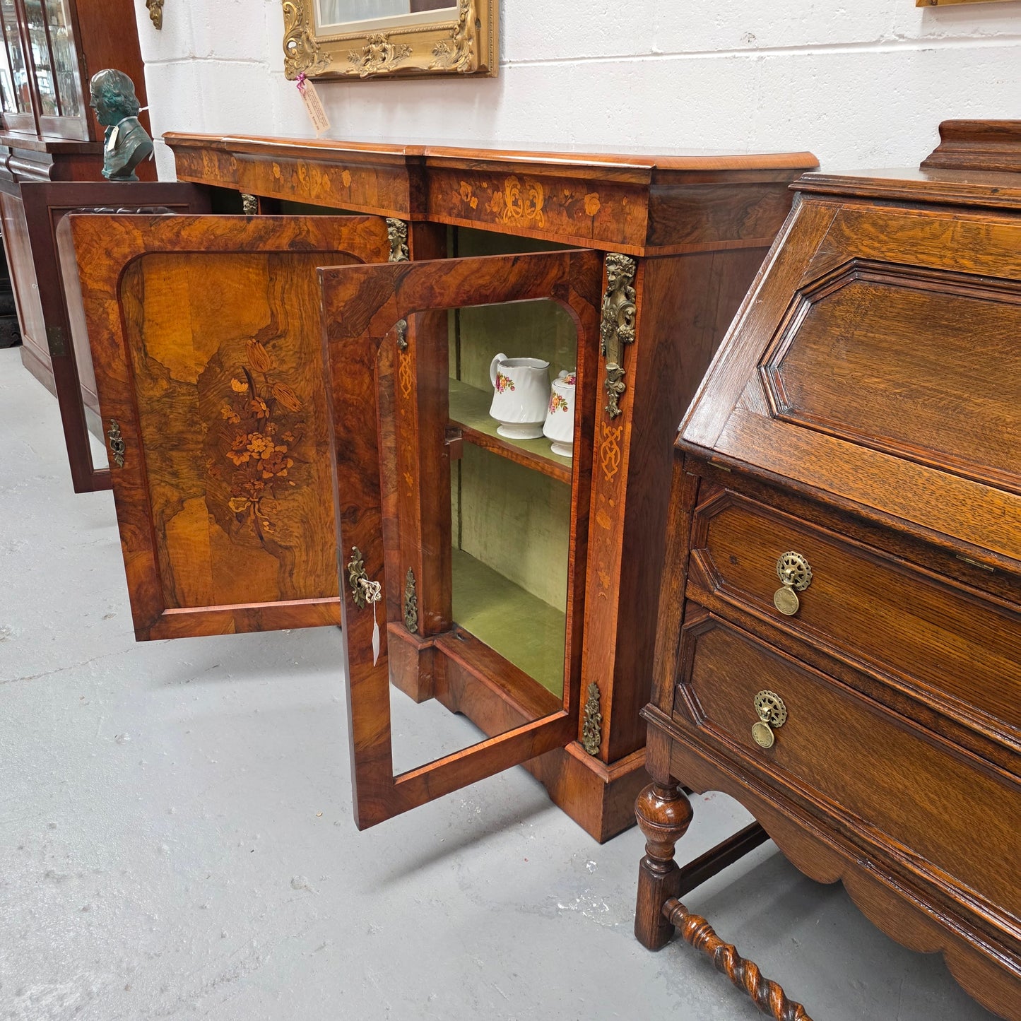 Outstanding Burr Walnut & Marquetry Antique Bookcase Credenza