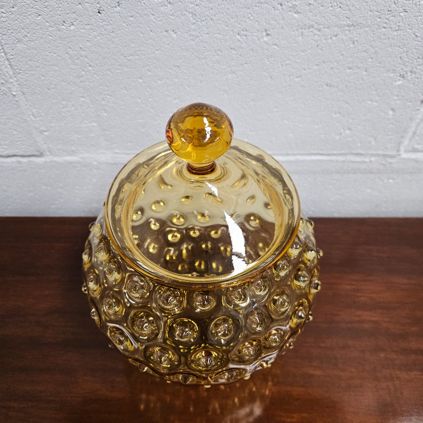 Mid-Century Amber Modern Hobnail Glass Container