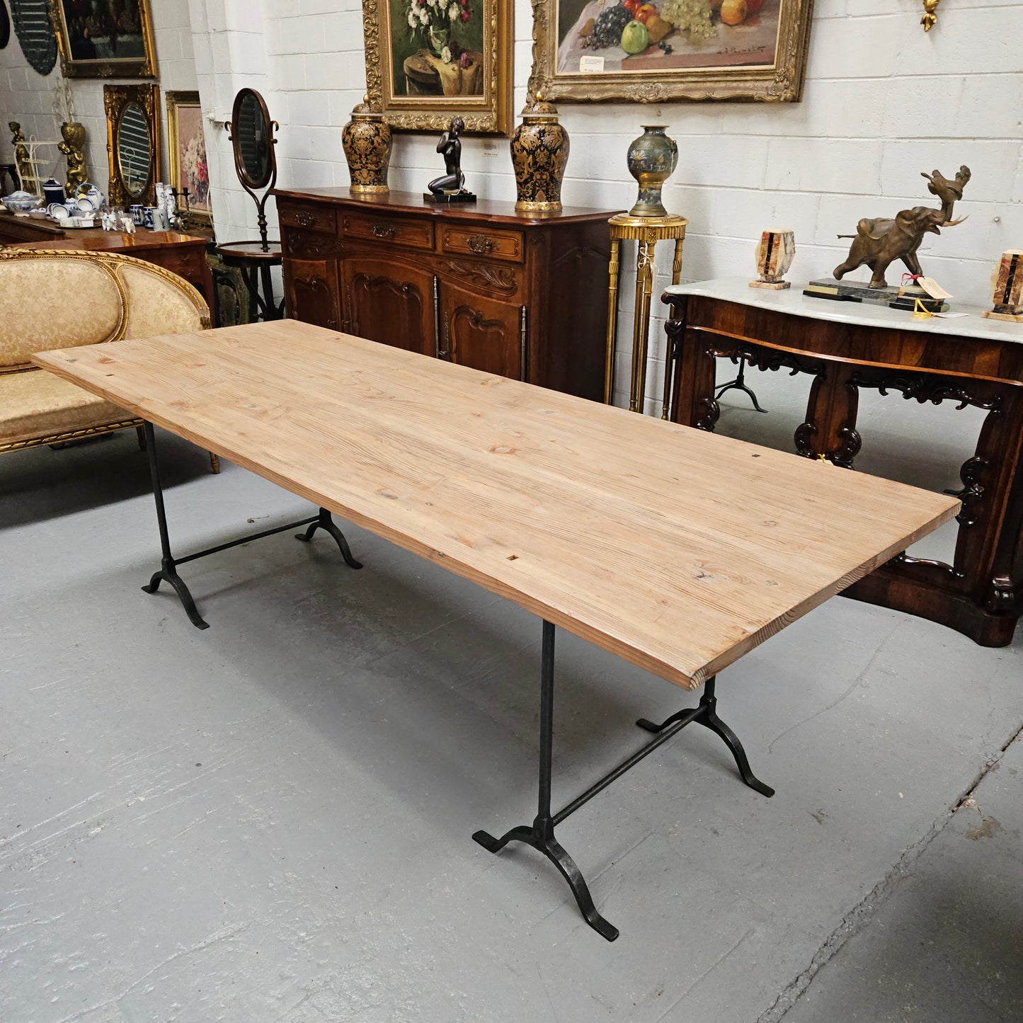 Trestle Dining Table With Reclaimed Pine Top And Antique Wishbone Industrial Iron Legs